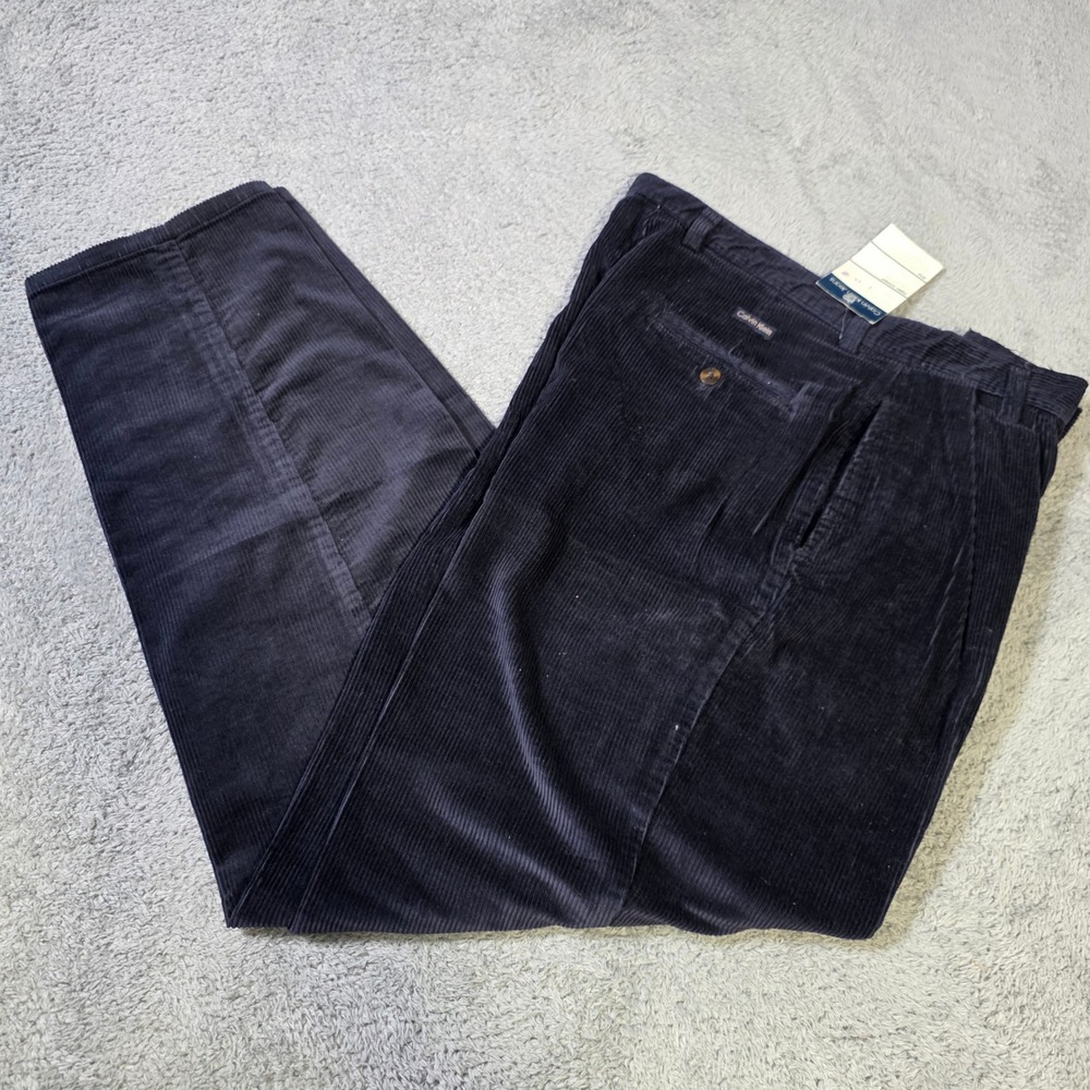 Calvin Klein Mens 36 Double Pleat Corduroy Trousers Navy Blue SM69270 NWT